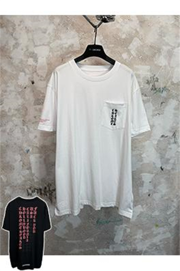  ブラック 半袖Tシャツ Chrome Hearts クロムハーツ コピー 胸ポケットロゴ バック英字プリント ゴシック文字 クルーネック