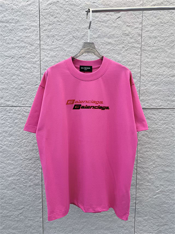 ビビッドピンク 半袖Tシャツ BALENCIAGA バレンシアガ コピー ダブルロゴプリント クルーネック ゆったりシルエット メンズカジュアル