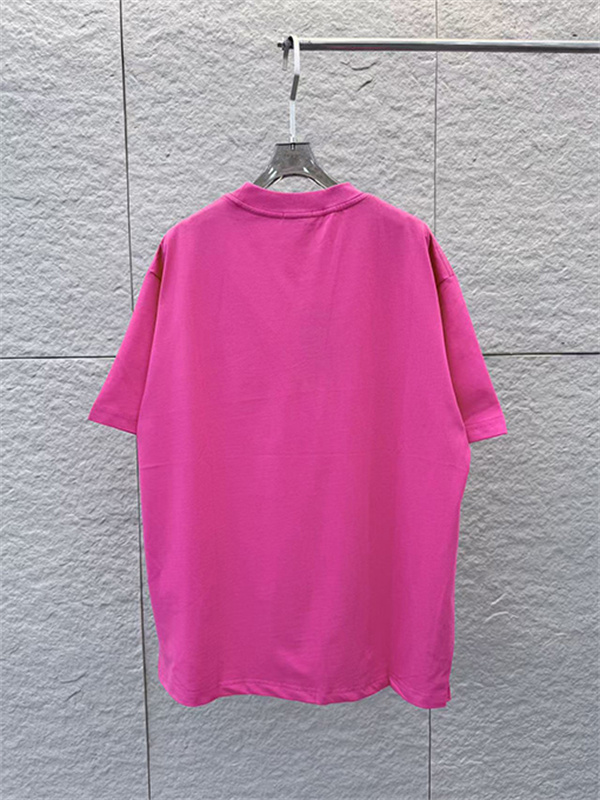 ビビッドピンク 半袖Tシャツ BALENCIAGA バレンシアガ コピー ダブルロゴプリント クルーネック ゆったりシルエット メンズカジュアル