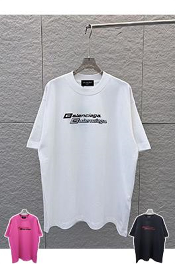 ビビッドピンク 半袖Tシャツ BALENCIAGA バレンシアガ コピー ダブルロゴプリント クルーネック ゆったりシルエット メンズカジュアル