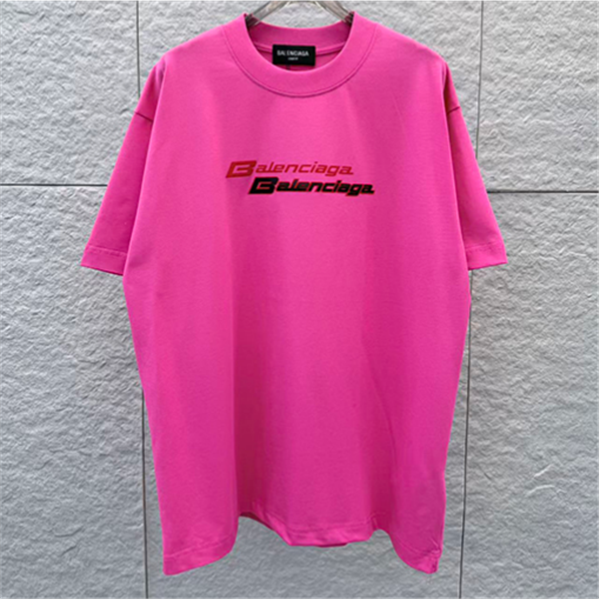 ビビッドピンク 半袖Tシャツ BALENCIAGA バレンシアガ コピー ダブルロゴプリント クルーネック ゆったりシルエット メンズカジュアル