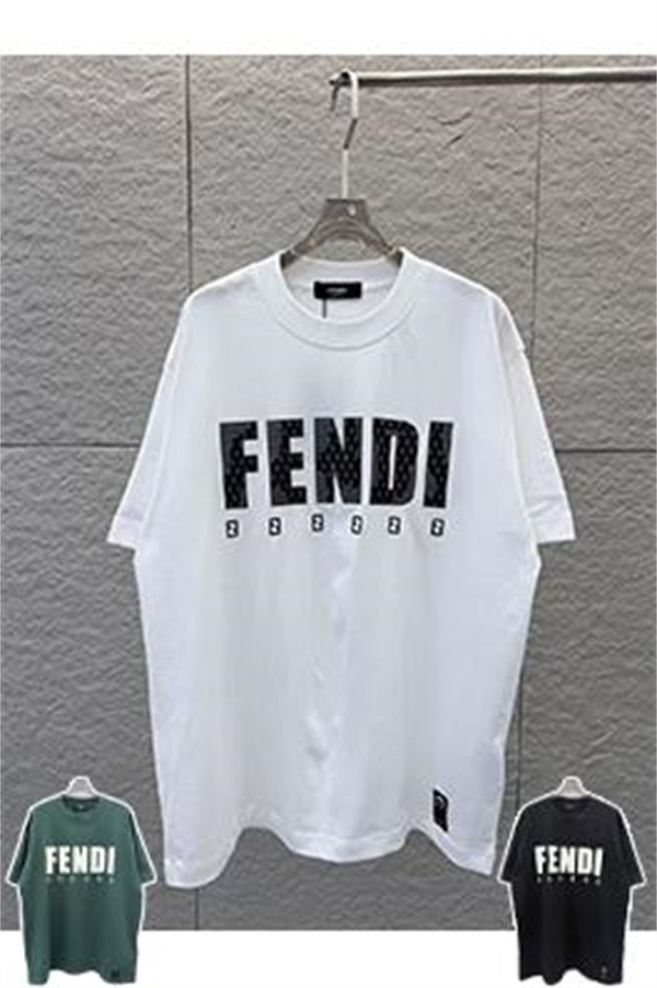  ディープグリーン 半袖Tシャツ FENDI フェンディ コピー ビッグロゴプリント FFミニパターン クルーネック ゆったりトップス