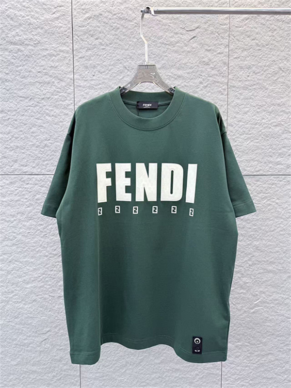  ディープグリーン 半袖Tシャツ FENDI フェンディ コピー ビッグロゴプリント FFミニパターン クルーネック ゆったりトップス