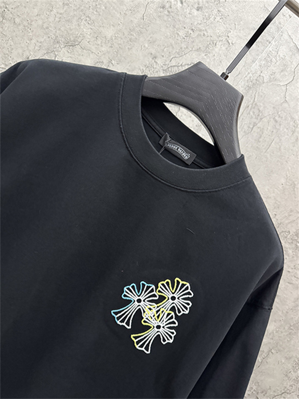 ブラック 半袖Tシャツ Chrome Hearts クロムハーツ コピー マルチカラークロス刺繍風 胸元ワンポイント クルーネック ゆったりシルエット