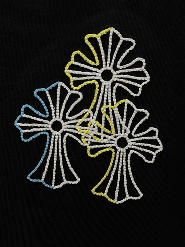 ブラック 半袖Tシャツ Chrome Hearts クロムハーツ コピー マルチカラークロス刺繍風 胸元ワンポイント クルーネック ゆったりシルエット