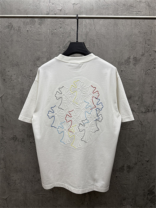 ブラック 半袖Tシャツ Chrome Hearts クロムハーツ コピー マルチカラークロス刺繍風 胸元ワンポイント クルーネック ゆったりシルエット