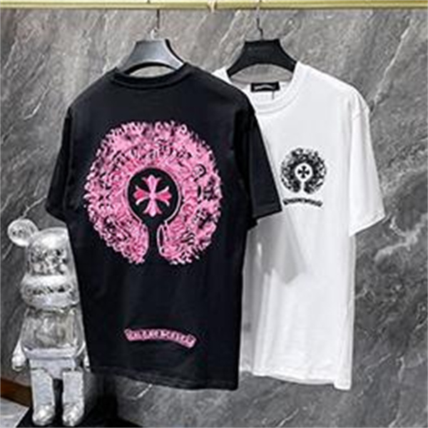 ブラック 半袖Tシャツ Chrome Hearts クロムハーツ コピー ピンクバックサークルロゴ クルーネック クロスモチーフ ストリートトップス