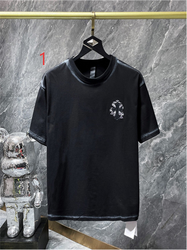 ブラック 半袖Tシャツ Chrome Hearts グレークロスバックプリント クロムハーツ コピー 胸元クロスロゴ クルーネック ゆったりシルエット