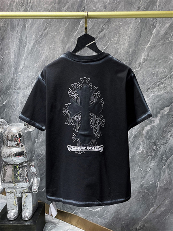 ブラック 半袖Tシャツ Chrome Hearts グレークロスバックプリント クロムハーツ コピー 胸元クロスロゴ クルーネック ゆったりシルエット
