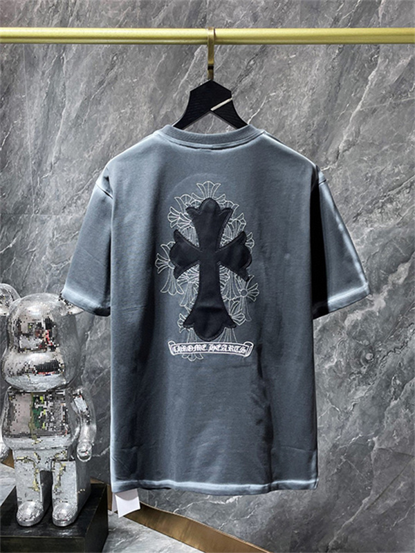 ブラック 半袖Tシャツ Chrome Hearts グレークロスバックプリント クロムハーツ コピー 胸元クロスロゴ クルーネック ゆったりシルエット