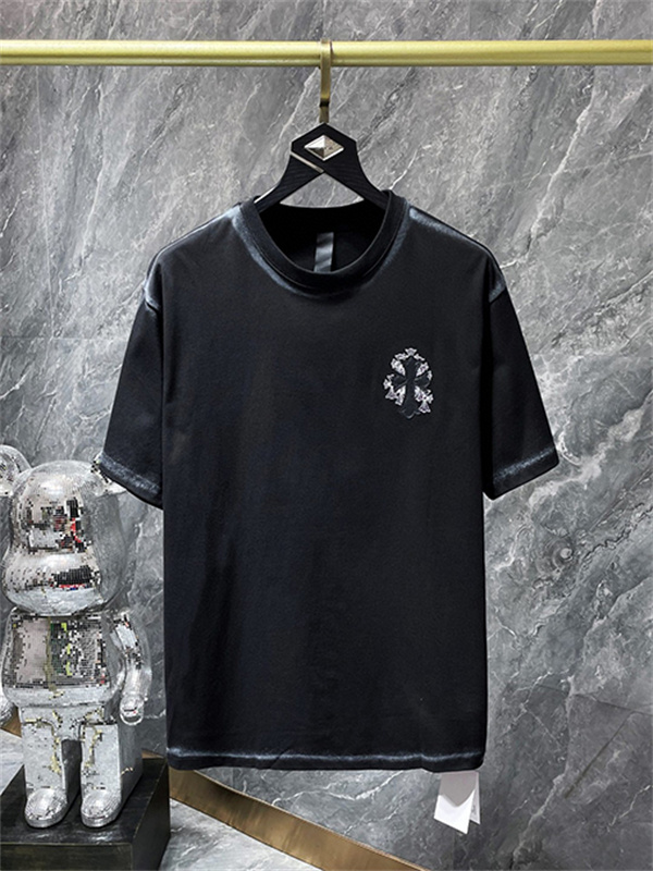 ブラック 半袖Tシャツ Chrome Hearts グレークロスバックプリント クロムハーツ コピー 胸元クロスロゴ クルーネック ゆったりシルエット
