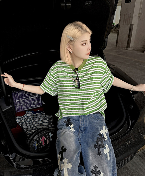  ブルー ホワイト ボーダー半袖Tシャツ クルーネック 細ピッチライン ゆったりシルエット カジュアルトップス