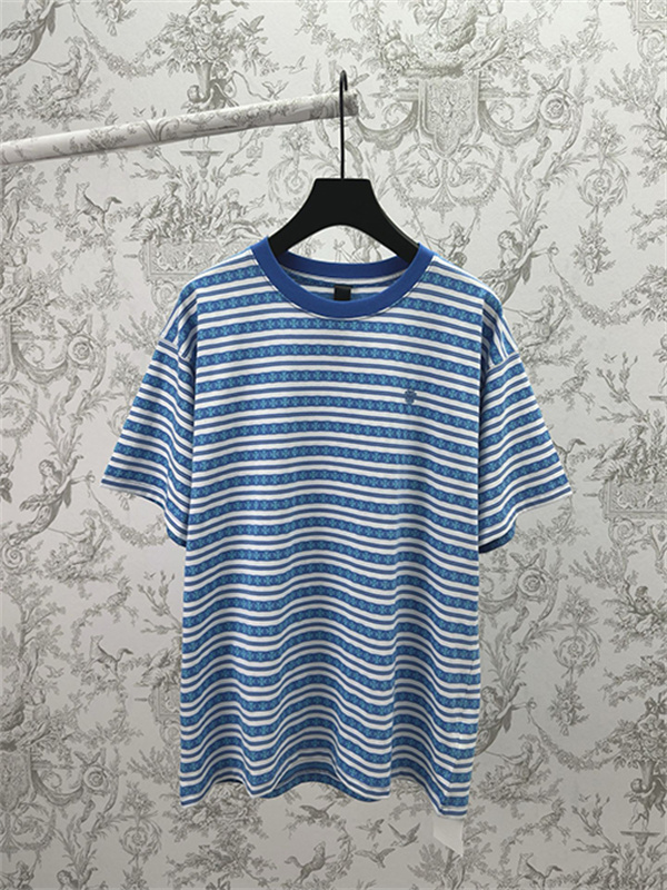  ブルー ホワイト ボーダー半袖Tシャツ クルーネック 細ピッチライン ゆったりシルエット カジュアルトップス