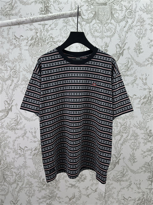  ブルー ホワイト ボーダー半袖Tシャツ クルーネック 細ピッチライン ゆったりシルエット カジュアルトップス