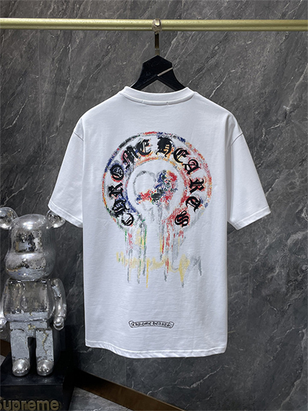 ブラック ホワイト 半袖Tシャツ Chrome Hearts クロムハーツ コピー 胸元サークルプリント カラーロゴ 丸首 カジュアルトップス
