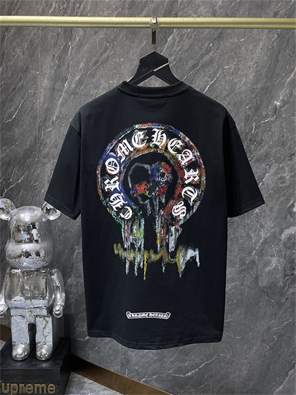 ブラック ホワイト 半袖Tシャツ Chrome Hearts クロムハーツ コピー 胸元サークルプリント カラーロゴ 丸首 カジュアルトップス