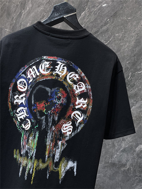 ブラック ホワイト 半袖Tシャツ Chrome Hearts クロムハーツ コピー 胸元サークルプリント カラーロゴ 丸首 カジュアルトップス