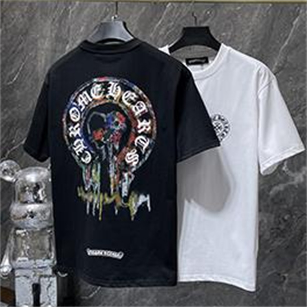 ブラック ホワイト 半袖Tシャツ Chrome Hearts クロムハーツ コピー 胸元サークルプリント カラーロゴ 丸首 カジュアルトップス