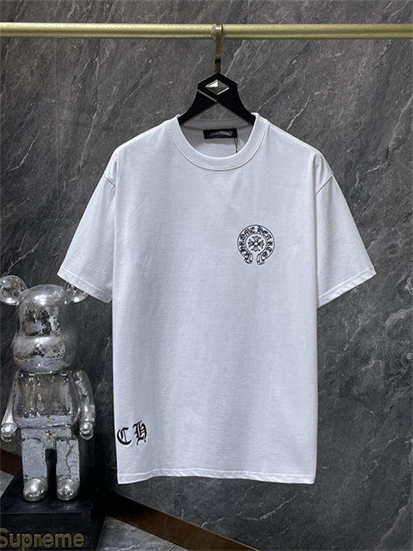 ブラック ホワイト 半袖Tシャツ Chrome Hearts クロムハーツ コピー 胸元サークルプリント カラーロゴ 丸首 カジュアルトップス