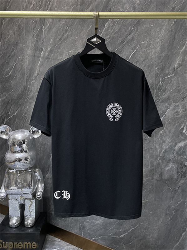 ブラック ホワイト 半袖Tシャツ Chrome Hearts クロムハーツ コピー 胸元サークルプリント カラーロゴ 丸首 カジュアルトップス