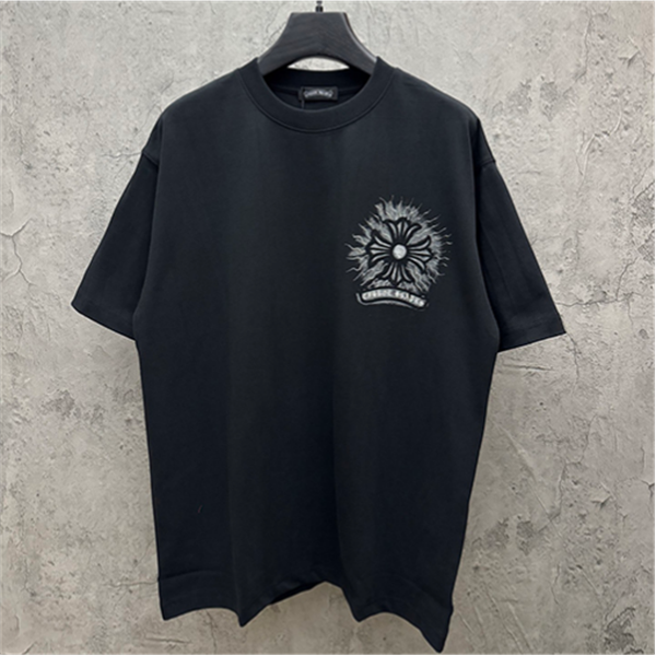  ブラック 半袖Tシャツ Chrome Hearts マルチカラークロスプリント クロムハーツ コピー ペイントスプラッシュ クルーネック ゆったりシルエット