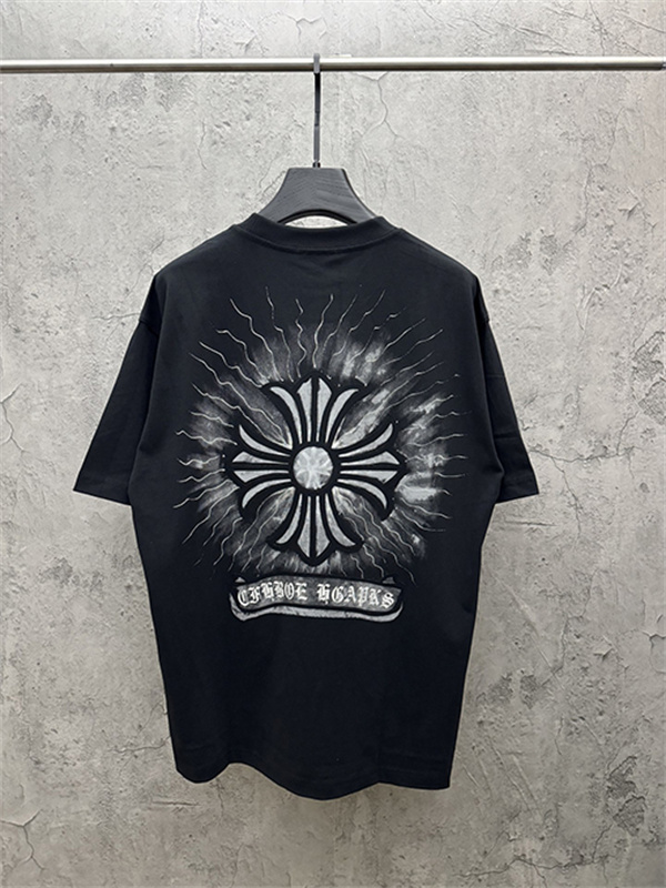  ブラック 半袖Tシャツ Chrome Hearts マルチカラークロスプリント クロムハーツ コピー ペイントスプラッシュ クルーネック ゆったりシルエット