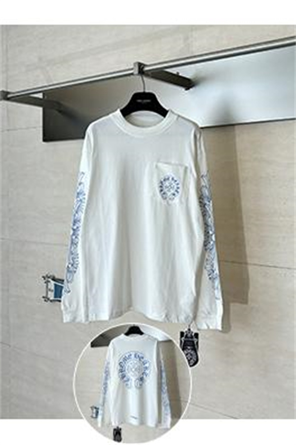  ホワイト 長袖Tシャツ Chrome Hearts クロムハーツ コピー 胸ポケットロゴ ブルースリーブグラフィック クルーネック ゆったりシルエット