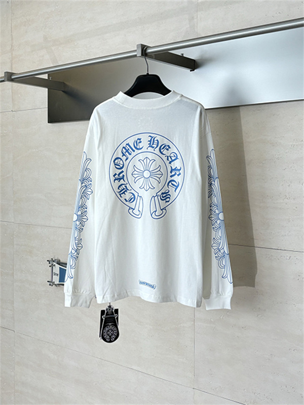  ホワイト 長袖Tシャツ Chrome Hearts クロムハーツ コピー 胸ポケットロゴ ブルースリーブグラフィック クルーネック ゆったりシルエット
