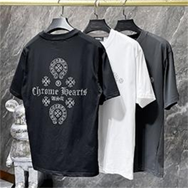 ホワイト 半袖Tシャツ Chrome Hearts クロムハーツ コピー 胸元サークルロゴ クルーネック シンプルカジュアル