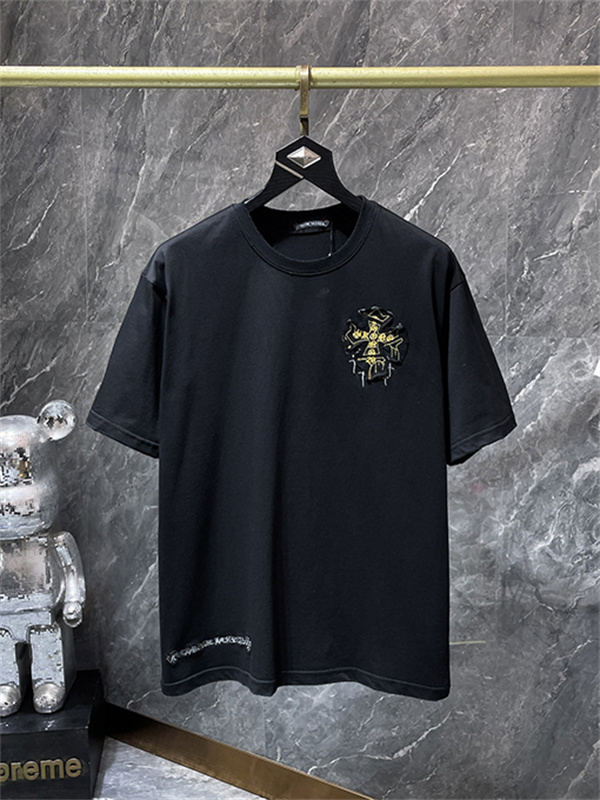 ホワイト 半袖カットソー Chrome Hearts クロムハーツ コピー ゴールドクロスグラフィック HONG KONGロゴ 丸首トップス