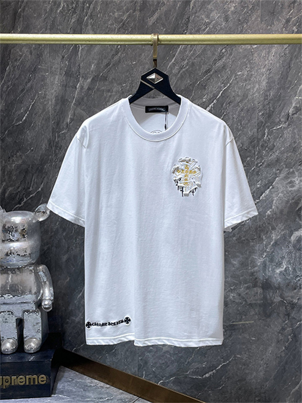 ホワイト 半袖カットソー Chrome Hearts クロムハーツ コピー ゴールドクロスグラフィック HONG KONGロゴ 丸首トップス