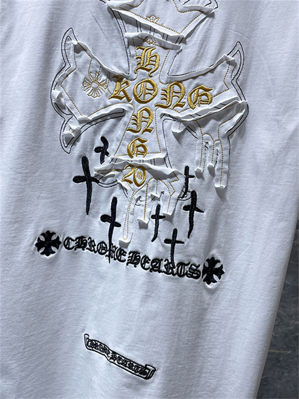 ホワイト 半袖カットソー Chrome Hearts クロムハーツ コピー ゴールドクロスグラフィック HONG KONGロゴ 丸首トップス