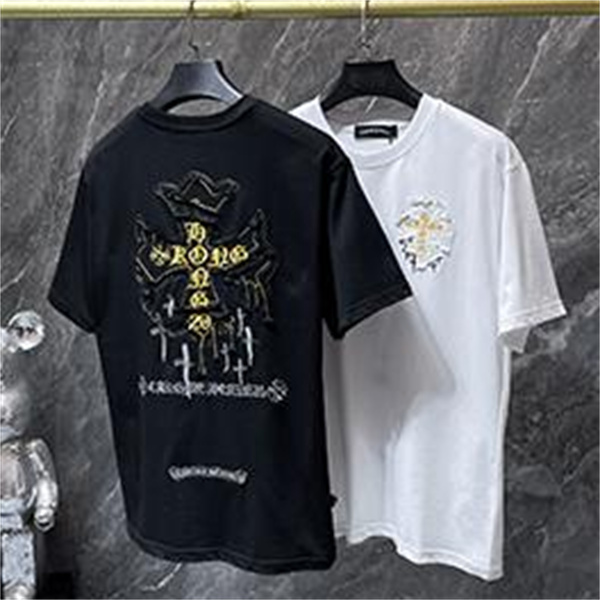 ホワイト 半袖カットソー Chrome Hearts クロムハーツ コピー ゴールドクロスグラフィック HONG KONGロゴ 丸首トップス