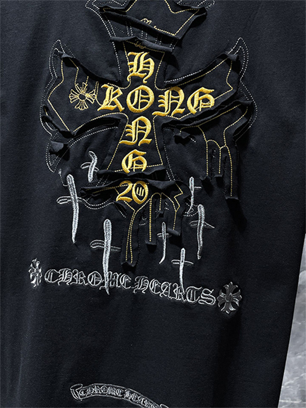ホワイト 半袖カットソー Chrome Hearts クロムハーツ コピー ゴールドクロスグラフィック HONG KONGロゴ 丸首トップス