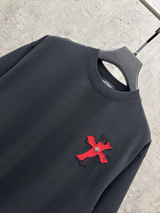 ディープグリーン 半袖Tシャツ Chrome Hearts クロムハーツ コピー 胸元サークルロゴ 同色刺繍調 クルーネック ゆったりシルエット
