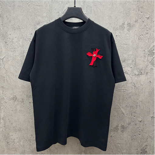ディープグリーン 半袖Tシャツ Chrome Hearts クロムハーツ コピー 胸元サークルロゴ 同色刺繍調 クルーネック ゆったりシルエット