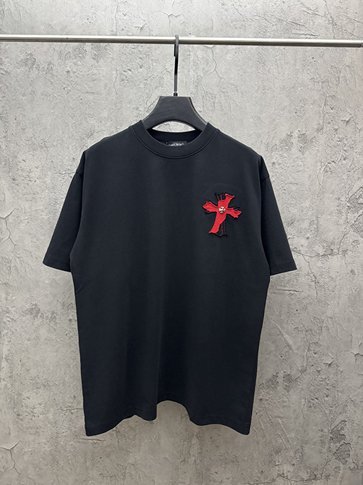 ディープグリーン 半袖Tシャツ Chrome Hearts クロムハーツ コピー 胸元サークルロゴ 同色刺繍調 クルーネック ゆったりシルエット