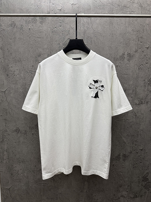 ディープグリーン 半袖Tシャツ Chrome Hearts クロムハーツ コピー 胸元サークルロゴ 同色刺繍調 クルーネック ゆったりシルエット