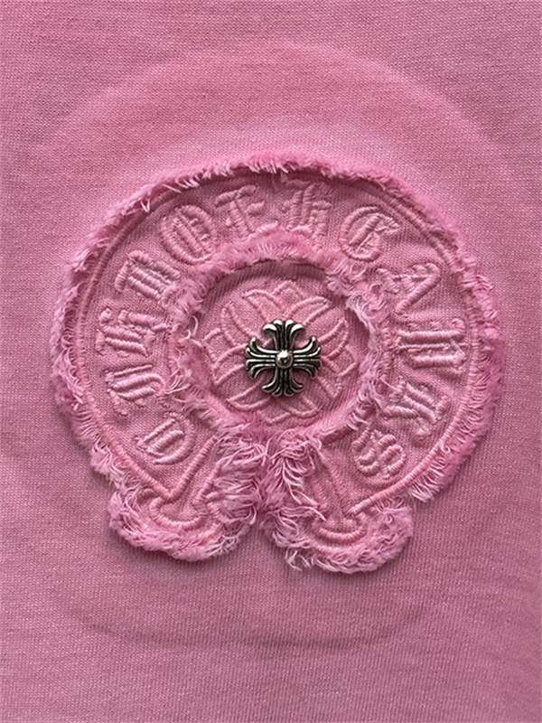 ピンク 半袖カットソー Chrome Hearts クロムハーツ コピー トーンロゴ ワンポイント刺繍風 ウォッシュ加工 丸首 カジュアルトップス