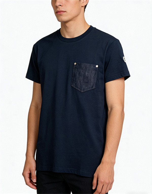 ネイビー 半袖Tシャツ MONCLER モンクレール コピー デニム胸ポケット 袖ワッペン クルーネック シンプルカジュアル