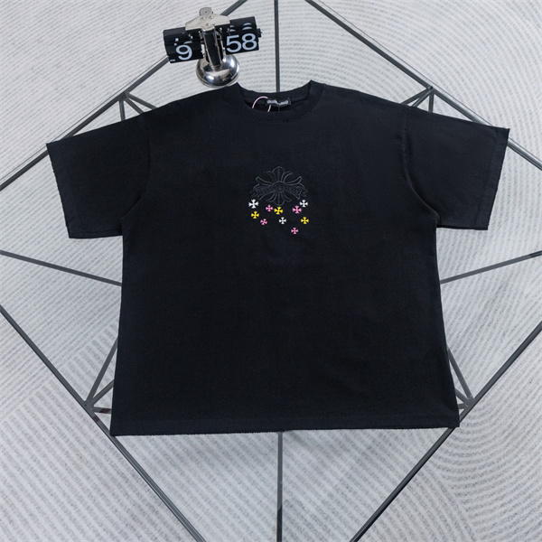  ホワイト 半袖Tシャツ Chrome Hearts クロムハーツ コピー 淡色フローラルクロス刺繍風 マルチカラー小クロス クルーネック ボックスシルエット