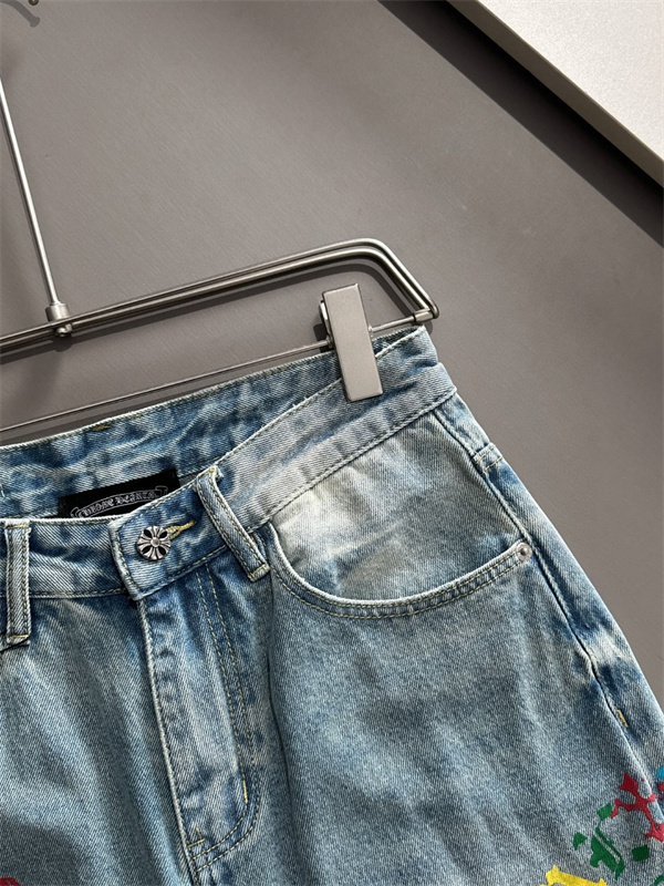 ライトブルー デニムショーツ Chrome Hearts クロムハーツ コピー マルチカラーロゴ クロスプリント ウォッシュ加工 ハーフパンツ