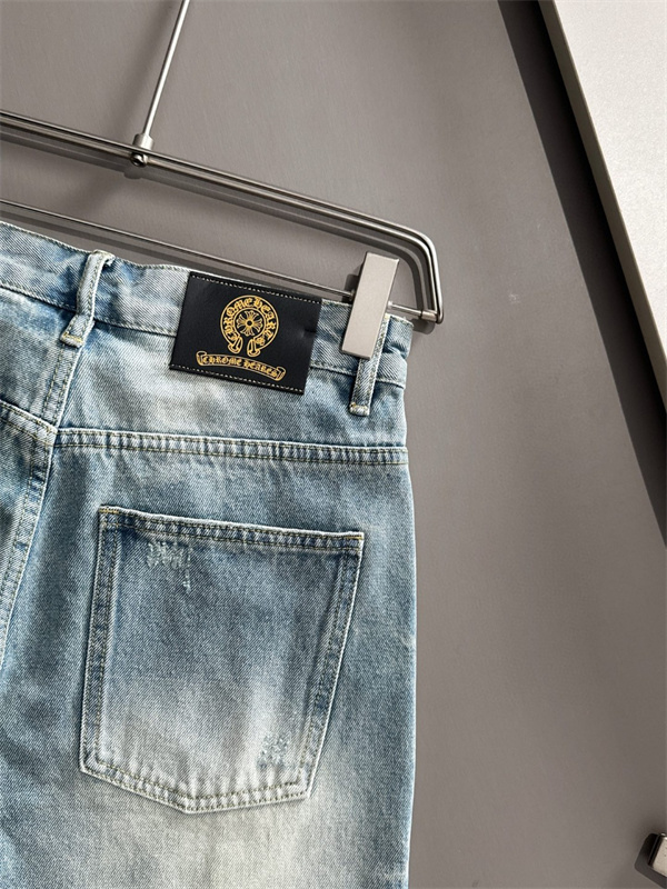 ライトブルー デニムショーツ Chrome Hearts クロムハーツ コピー マルチカラーロゴ クロスプリント ウォッシュ加工 ハーフパンツ