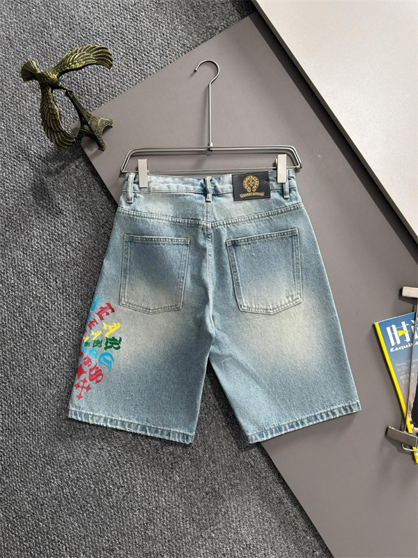 ライトブルー デニムショーツ Chrome Hearts クロムハーツ コピー マルチカラーロゴ クロスプリント ウォッシュ加工 ハーフパンツ