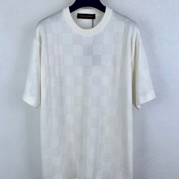 2026新作 LOUIS VUITTON ルイヴィトン コピー ダミエ柄 ニットTシャツ メンズ 半袖 クルーネック ホワイト ジャカード 高級感 カジュアル