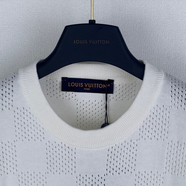 2026新作 LOUIS VUITTON ルイヴィトン コピー ダミエ柄 ニットTシャツ メンズ 半袖 クルーネック ホワイト ジャカード 高級感 カジュアル