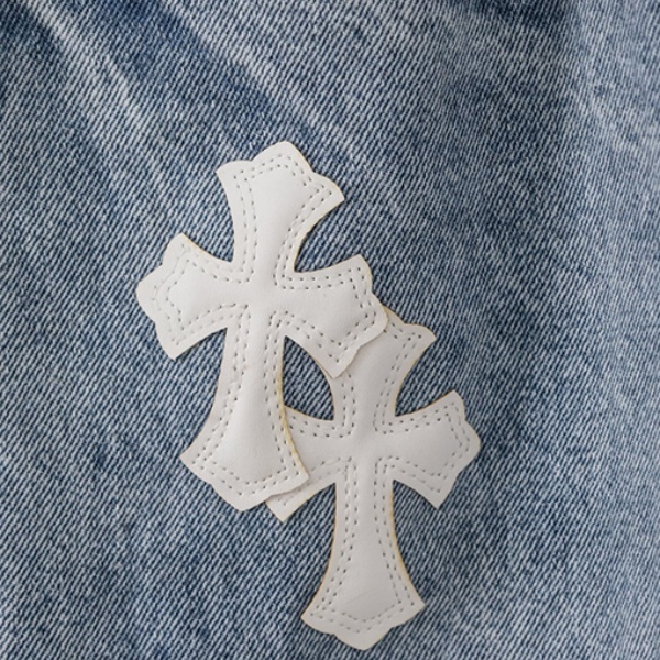 2026新作 CHROME HEARTS コピー クロムハーツ クロスパッチ デニムパンツ メンズ ワイドストレート ジーンズ ウォッシュ加工 ストリート カジュアル