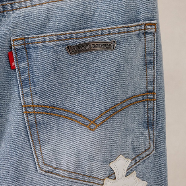 2026新作 CHROME HEARTS コピー クロムハーツ クロスパッチ デニムパンツ メンズ ワイドストレート ジーンズ ウォッシュ加工 ストリート カジュアル
