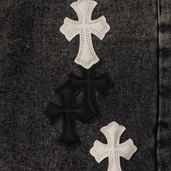 2026新作 CHROME HEARTS クロムハーツ コピー クロスパッチ デニムパンツ メンズ ブラックウォッシュ ジーンズ ワイドストレート ストリート カジュアル