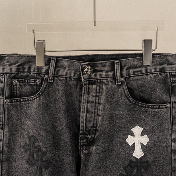 2026新作 CHROME HEARTS クロムハーツ コピー クロスパッチ デニムパンツ メンズ ブラックウォッシュ ジーンズ ワイドストレート ストリート カジュアル